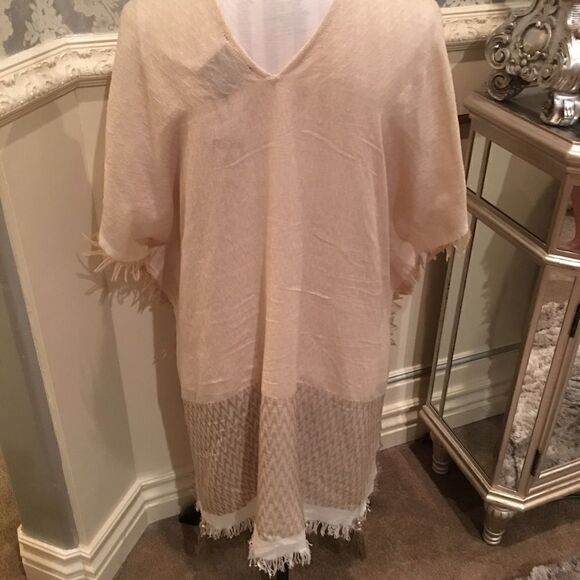 Caftan Cream & Sage w Fringe Drops Split Sides - Picture 2 of 8